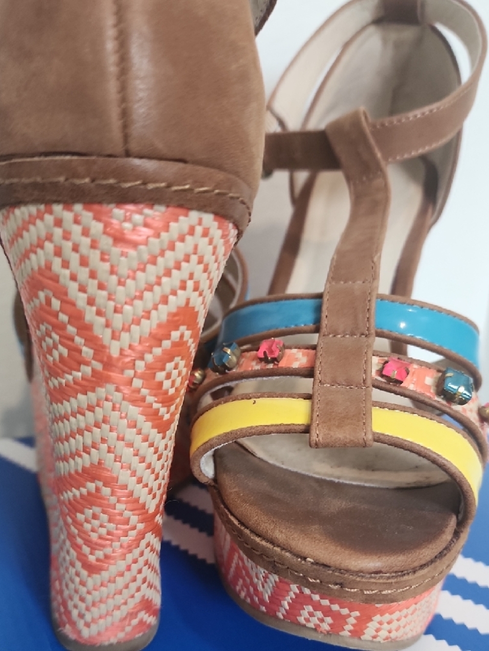 Aldo Tan Wedge Sandals with Yellow & Blue Straps - Picture 7 of 9